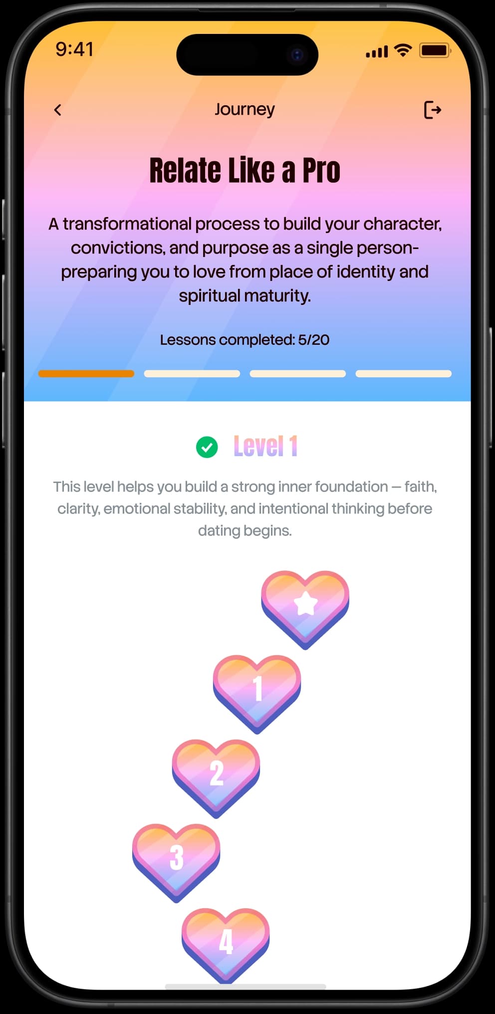 Screen showing a journey with available lessons