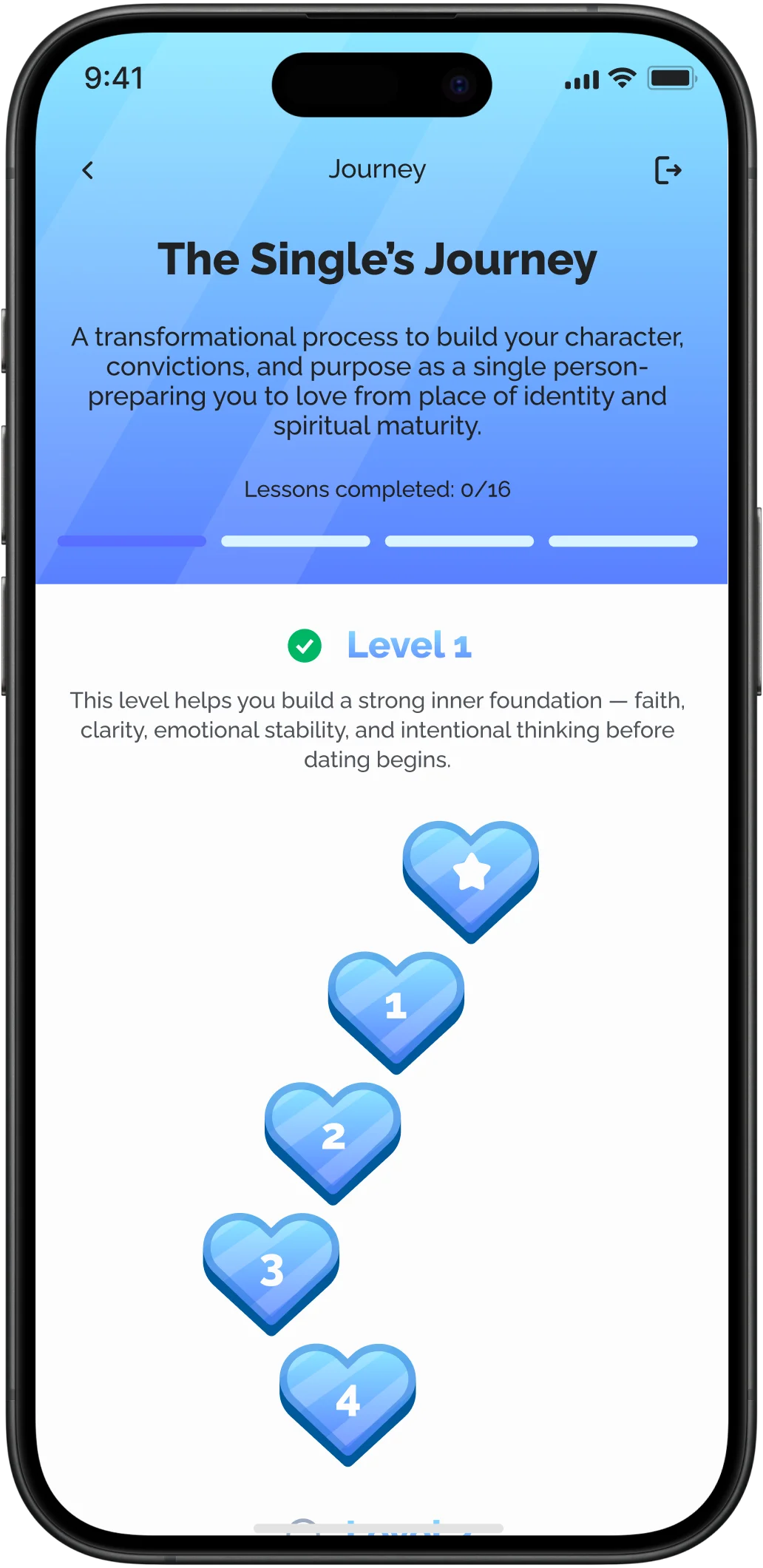 Journey screen with a list of lessons