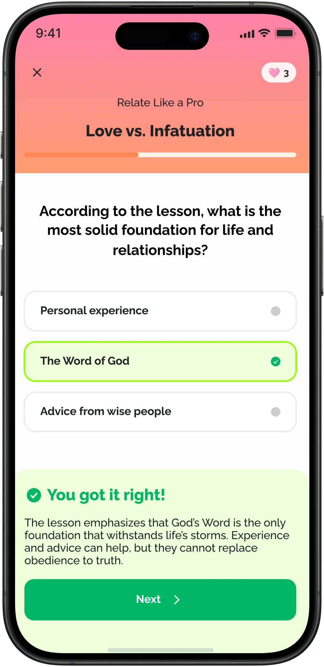 Post-lesson test completion screen