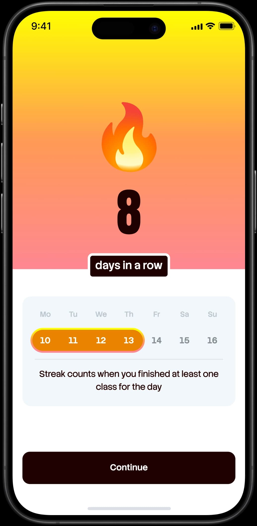 Streak screen for completing one lesson per day