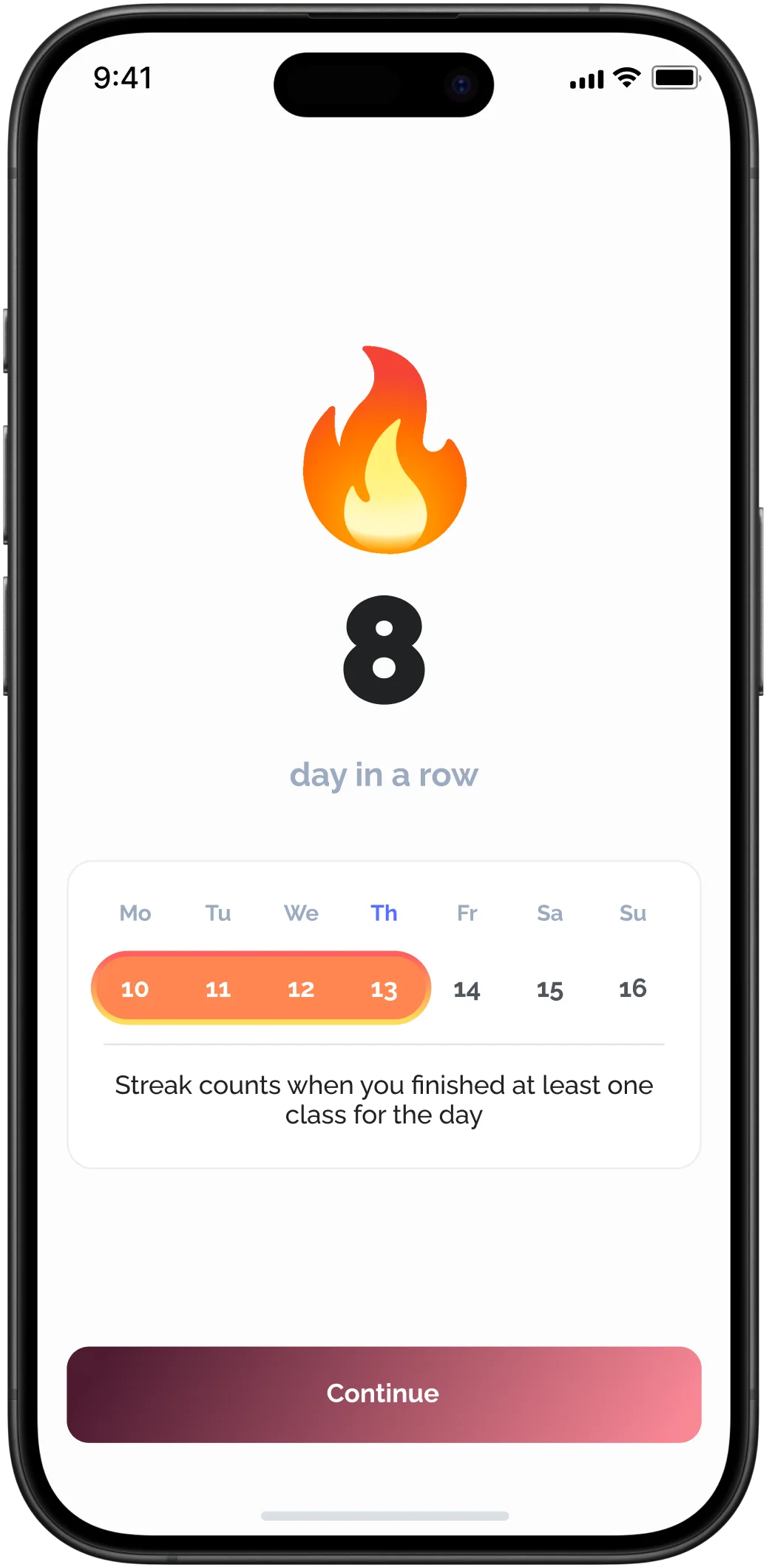 Streak screen for completing one lesson per day